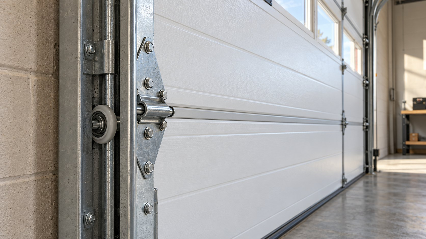 Illustrated interior detail of a sectional door, hinge, and vertical track