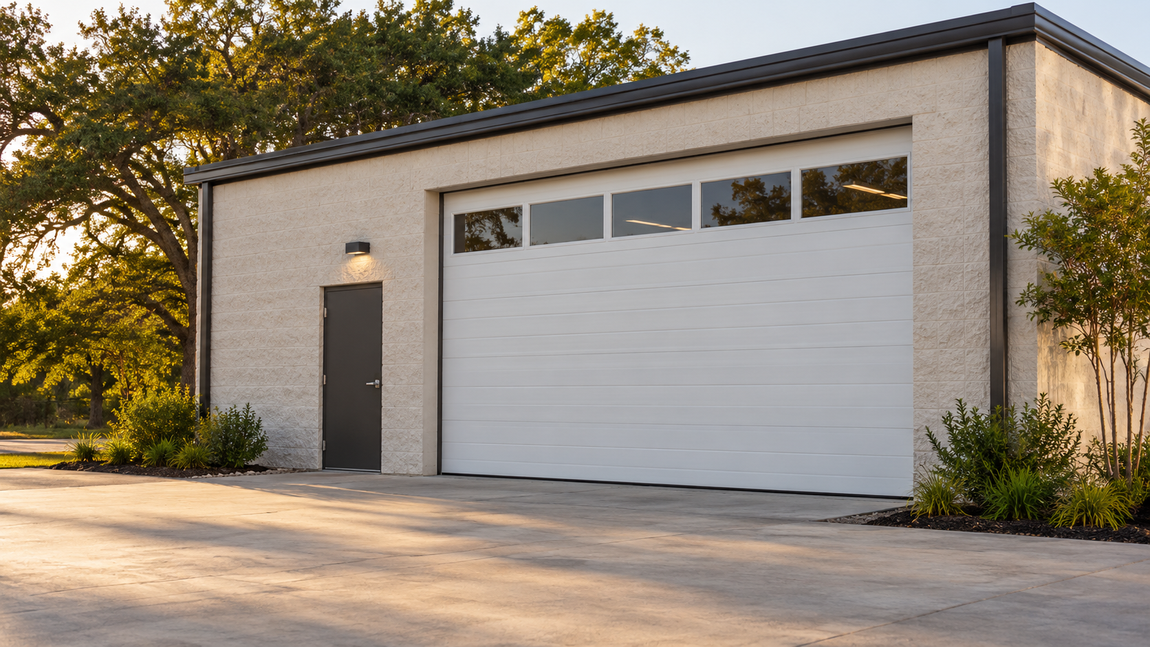 Illustration of a white sectional overhead door on a commercial-style building