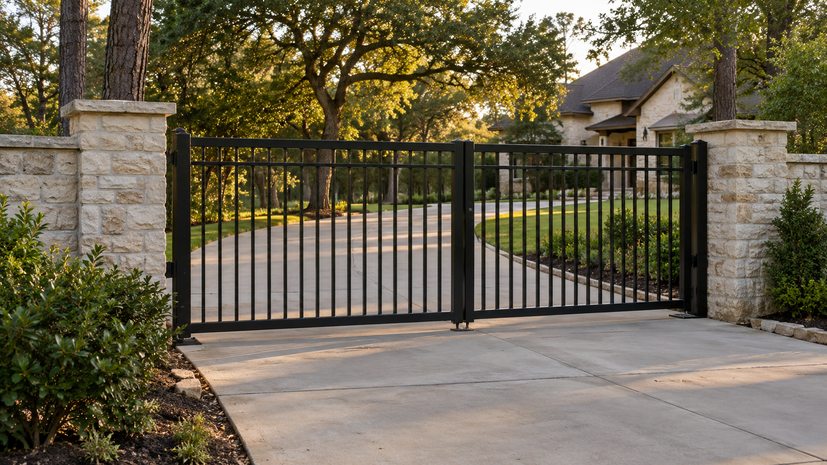 Illustration of a black metal swing gate between stone entrance columns Illustration of a black metal swing gate between stone entrance columns