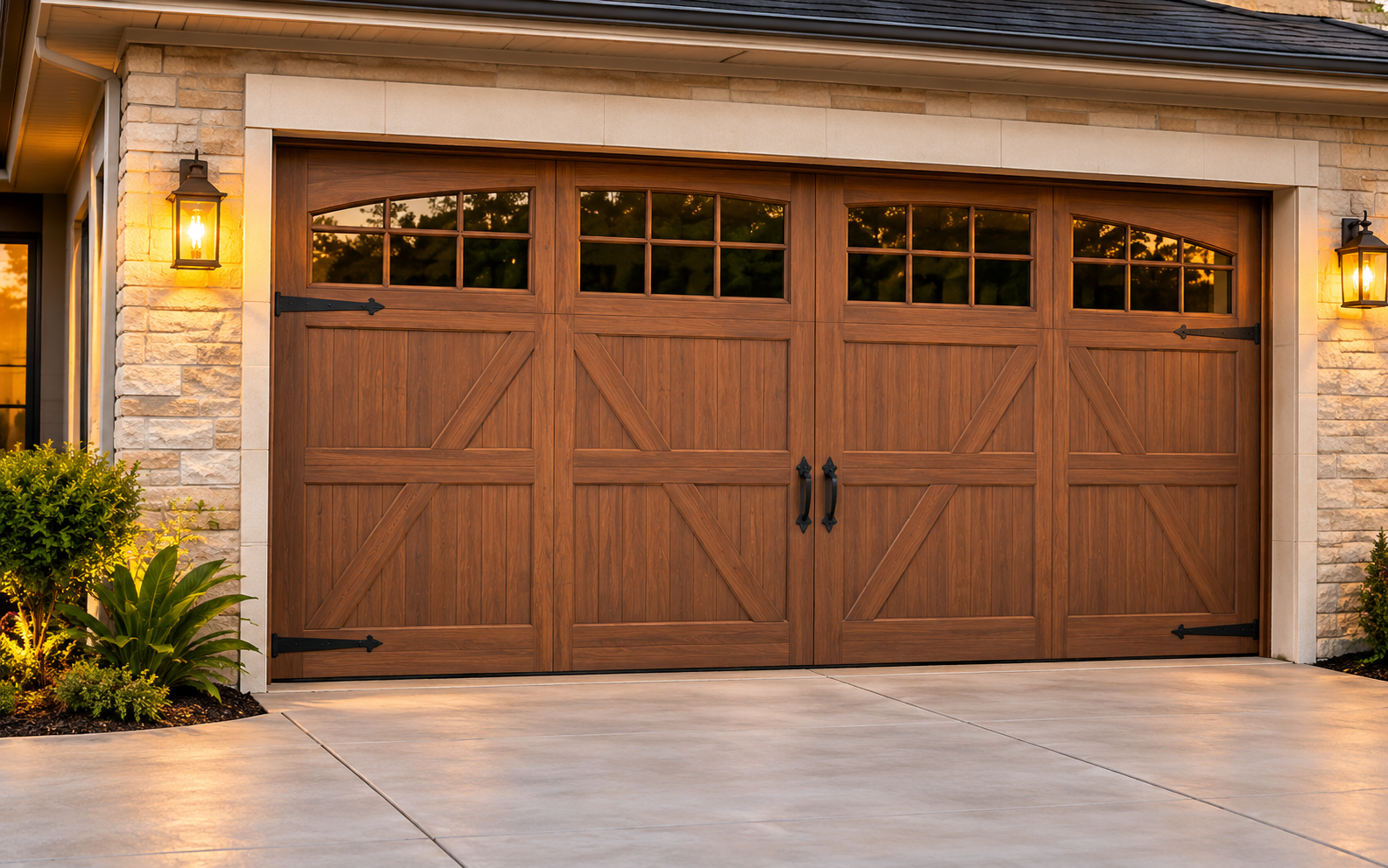 Illustration of a carriage-style wood-look garage door with upper windows Illustration of a carriage-style wood-look garage door with upper windows