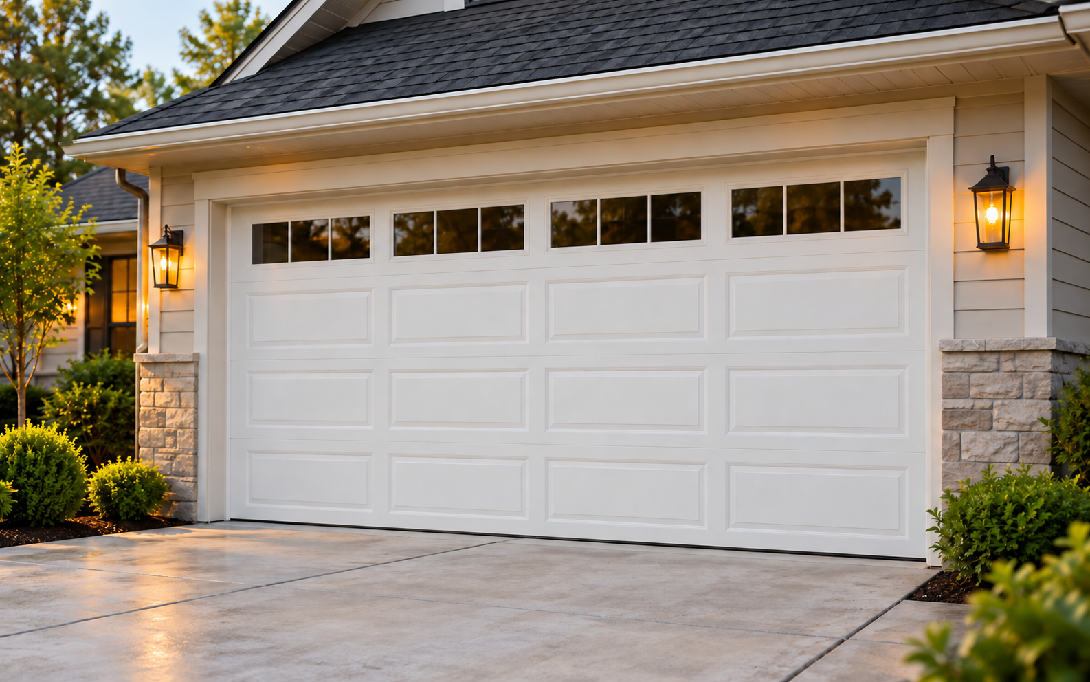 Illustration of a white raised-panel garage door with upper windows Illustration of a white raised-panel garage door with upper windows