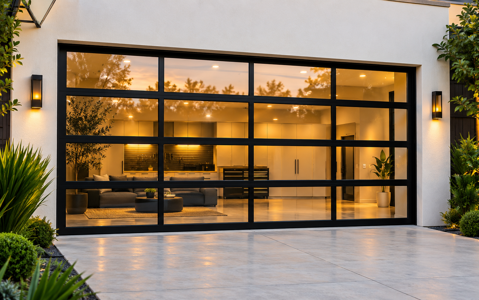 Illustration of a modern glass garage door with a dark frame Illustration of a modern glass garage door with a dark frame