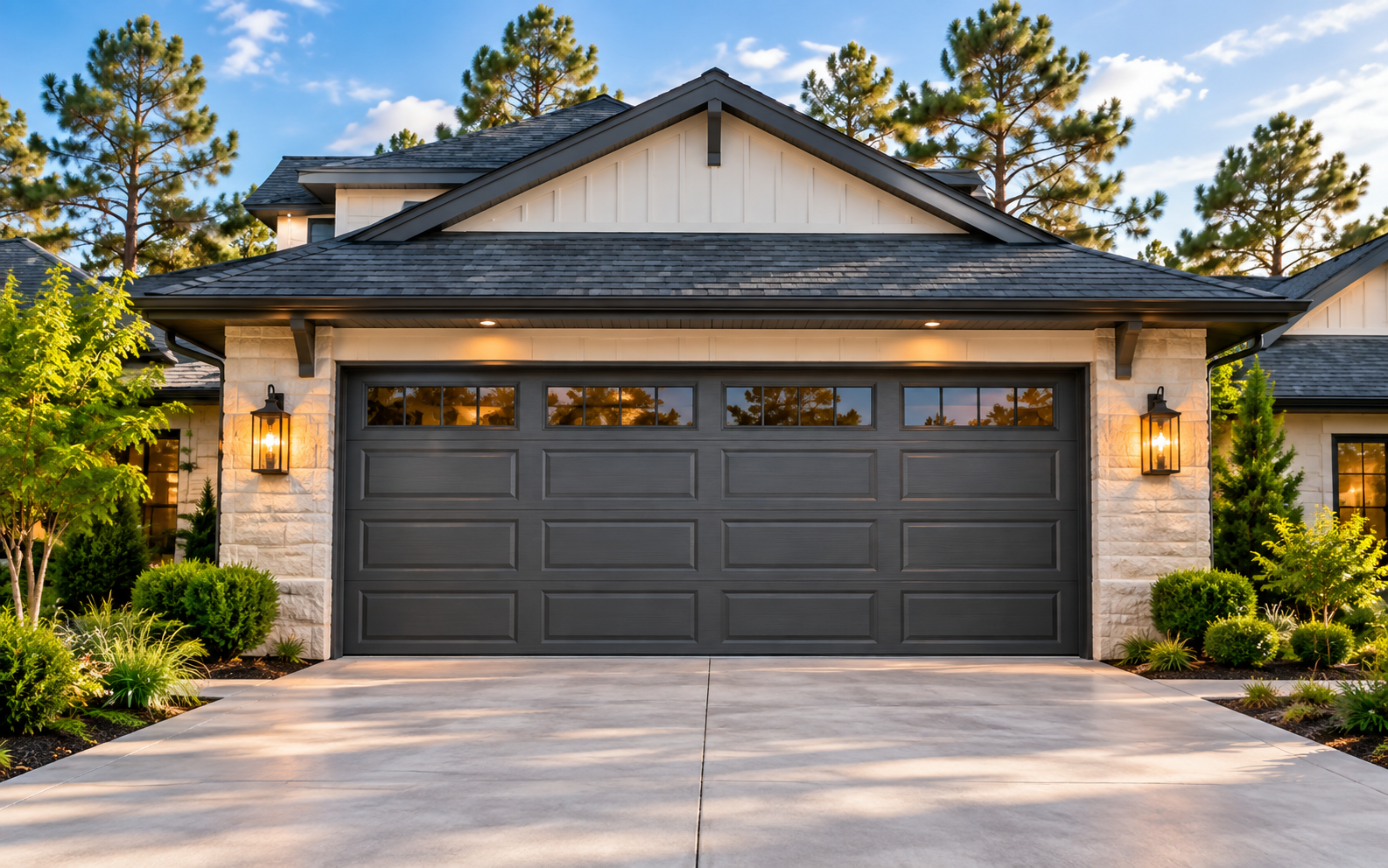 Illustration of a dark raised-panel garage door on a residential garage Illustration of a dark raised-panel garage door on a residential garage